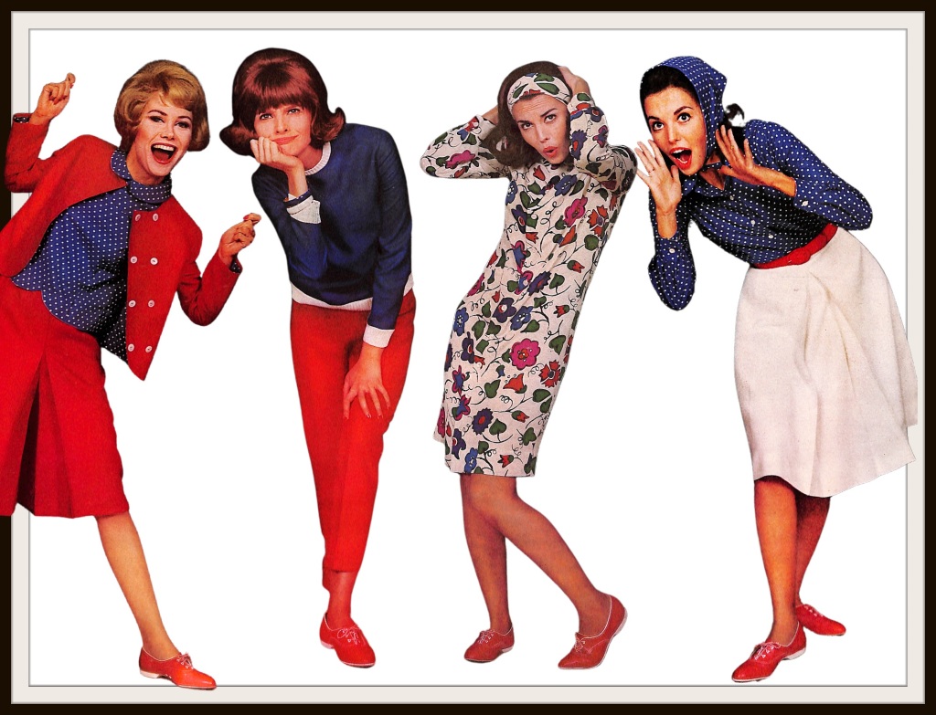Altered image from Feburary 1962 McCalls fashion article - colorful outfits from models in silly poses.