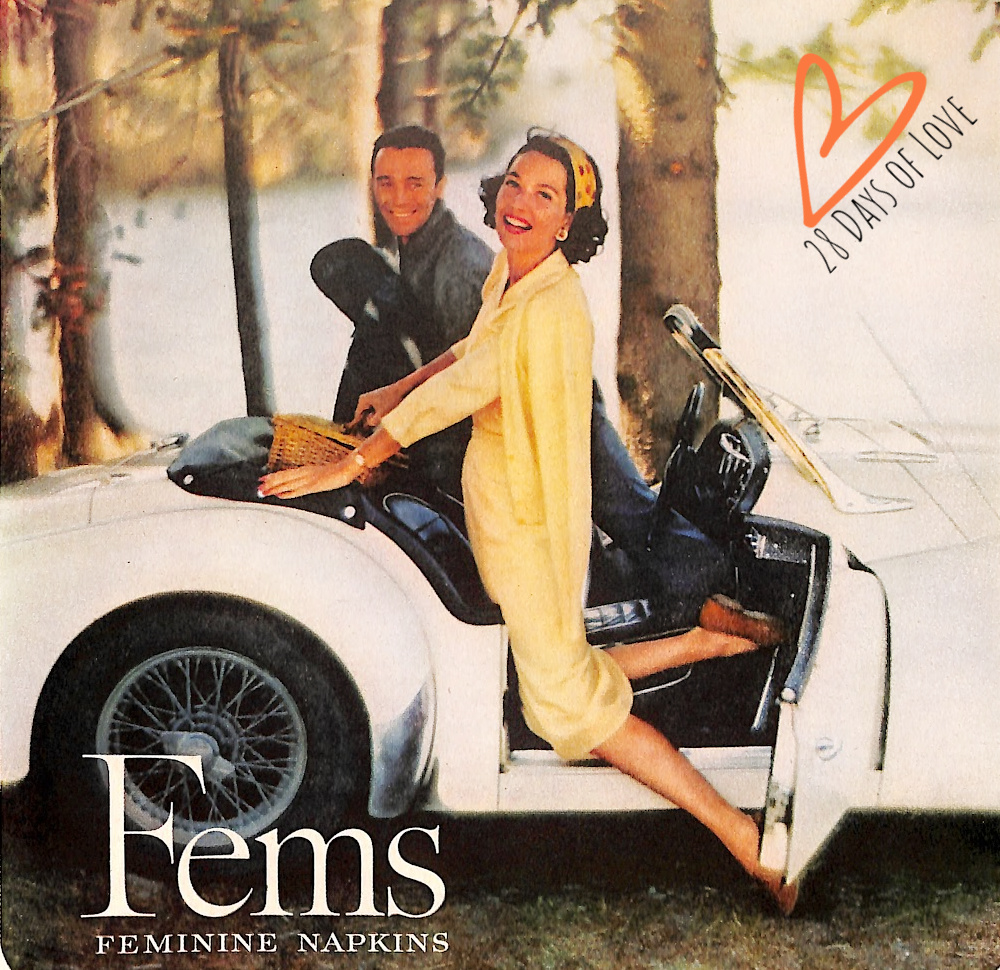 Fems Feminine Napkins Ad - Couple in white convertible - 1959