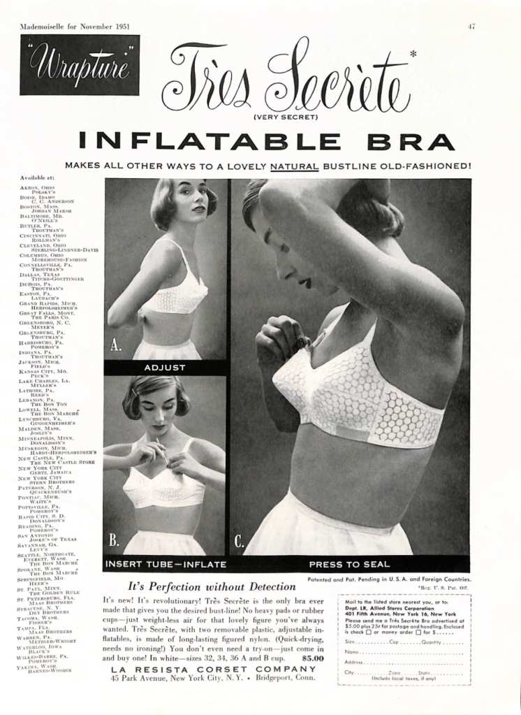 Vintage inflatable bra ads from the 1950s and 1960s. The “Trés Secret” inflatable  bra went on sale in the early 1950s. Each cup con